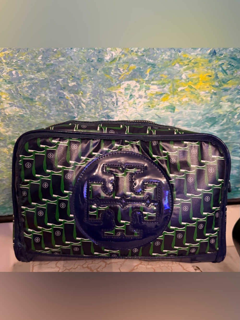 Tory Burch Large Blue and Green Logo Cosmetic